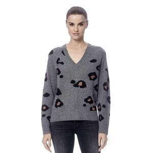 360 Cashmere Women's Janie V-Neck Sweater Mid Heather Grey Black Toffee Med $449